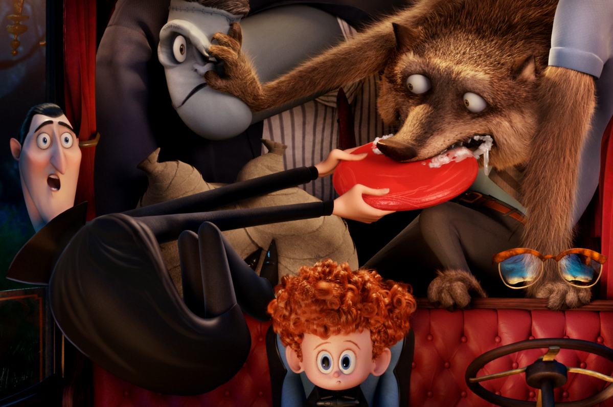 Dracula (Adam Sandler), Frank (Kevin James), Wayne (Steve Buscemi), Dennis (Asher Blinkoff) and Griffin the Invisible Man (David Spade) in Columbia Pictures and Sony Pictures Animation's HOTEL TRANSYLVANIA 2.